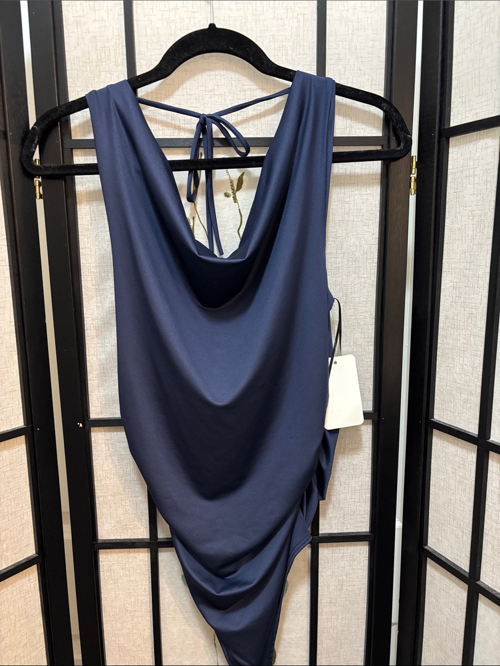 NWT Gaze Draped Navy Sleeveless Cowl Neck Bodysuit